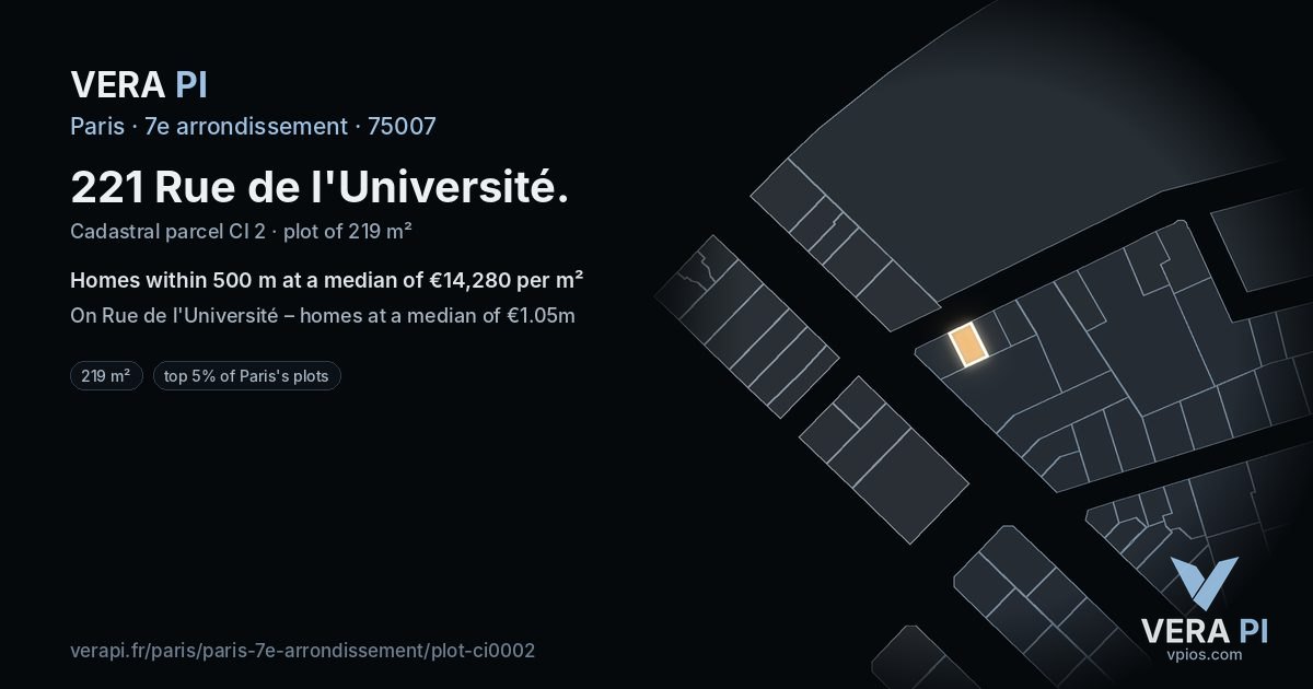 221 Rue de l'Université, 7e arrondissement at night – the plot lit, the parcels around coloured by the prices near them