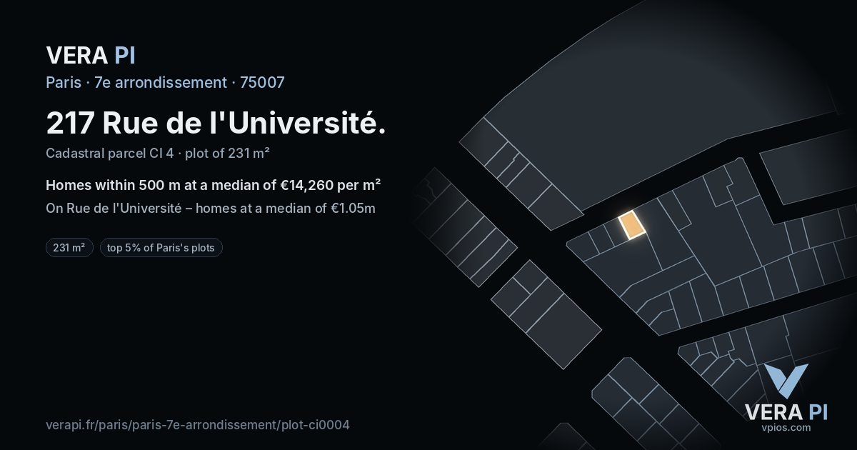 217 Rue de l'Université, 7e arrondissement at night – the plot lit, the parcels around coloured by the prices near them