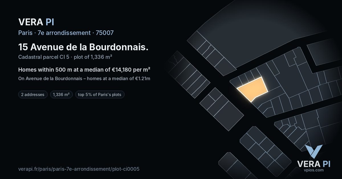 15 Avenue de la Bourdonnais, 7e arrondissement at night – the plot lit, the parcels around coloured by the prices near them