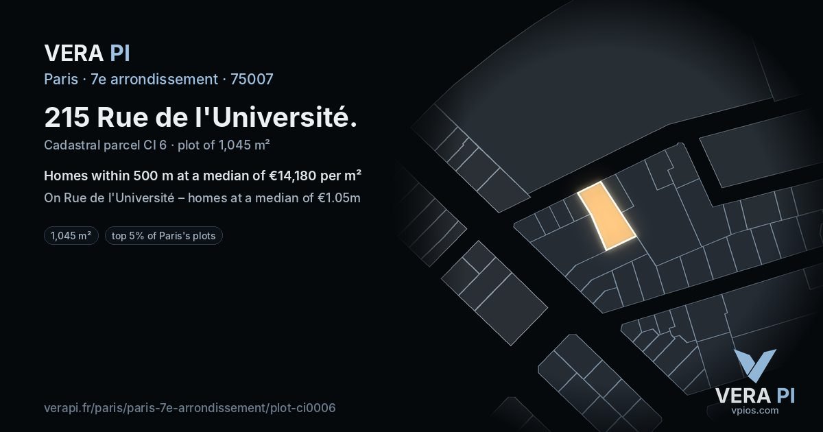 215 Rue de l'Université, 7e arrondissement at night – the plot lit, the parcels around coloured by the prices near them