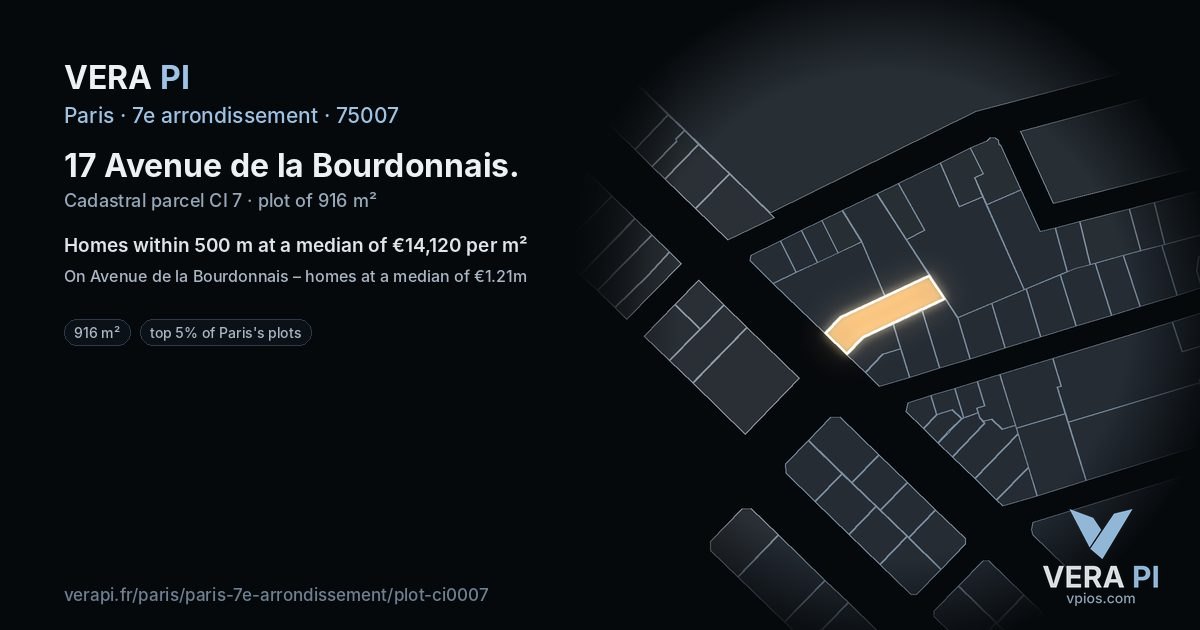 17 Avenue de la Bourdonnais, 7e arrondissement at night – the plot lit, the parcels around coloured by the prices near them