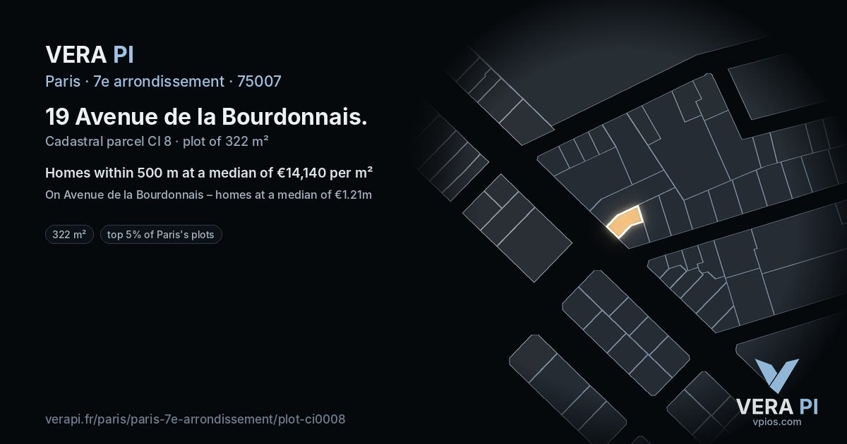 19 Avenue de la Bourdonnais, 7e arrondissement at night – the plot lit, the parcels around coloured by the prices near them