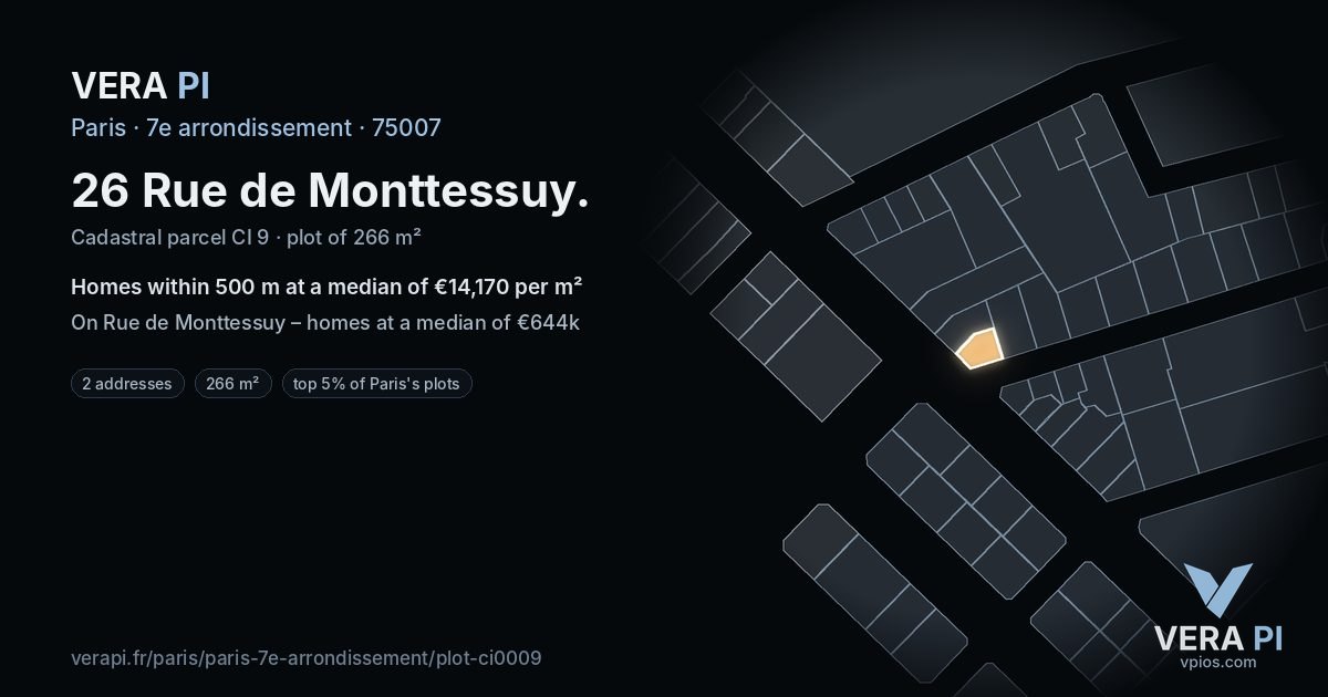 26 Rue de Monttessuy, 7e arrondissement at night – the plot lit, the parcels around coloured by the prices near them