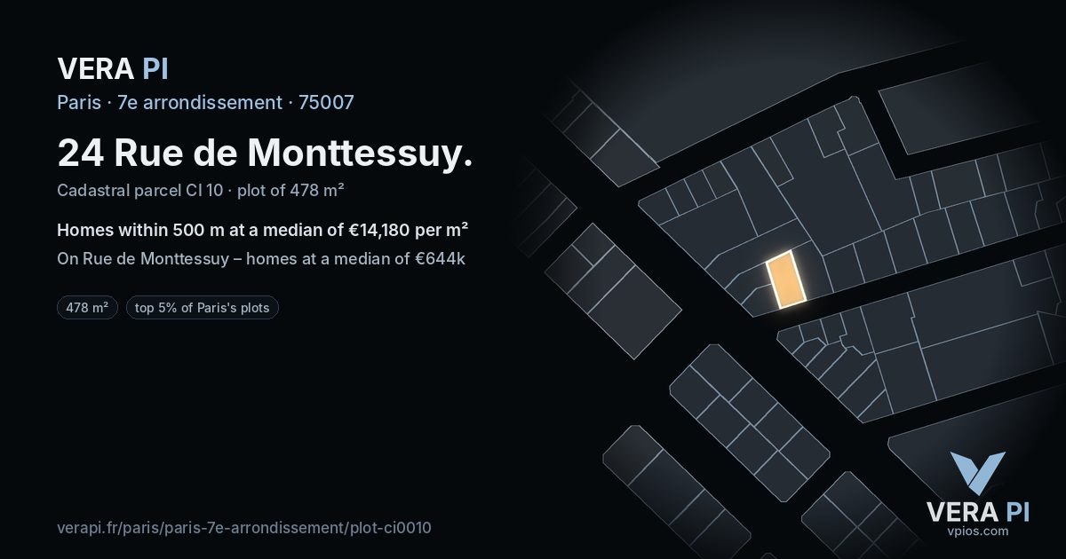 24 Rue de Monttessuy, 7e arrondissement at night – the plot lit, the parcels around coloured by the prices near them