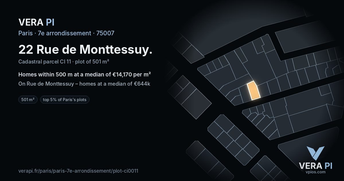 22 Rue de Monttessuy, 7e arrondissement at night – the plot lit, the parcels around coloured by the prices near them