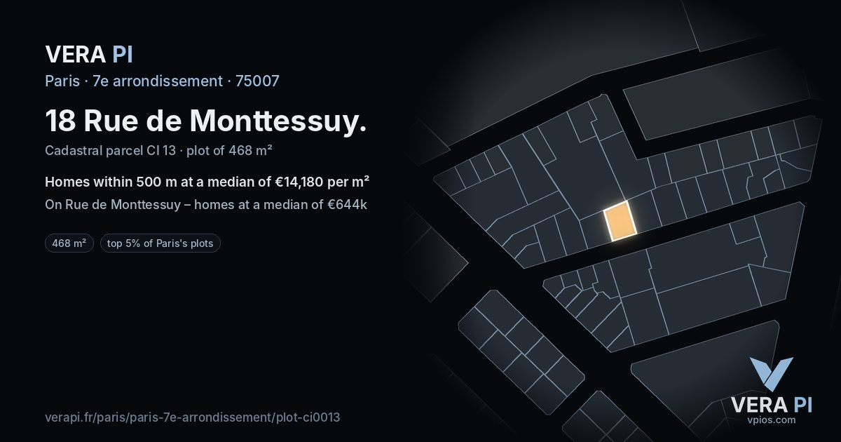 18 Rue de Monttessuy, 7e arrondissement at night – the plot lit, the parcels around coloured by the prices near them