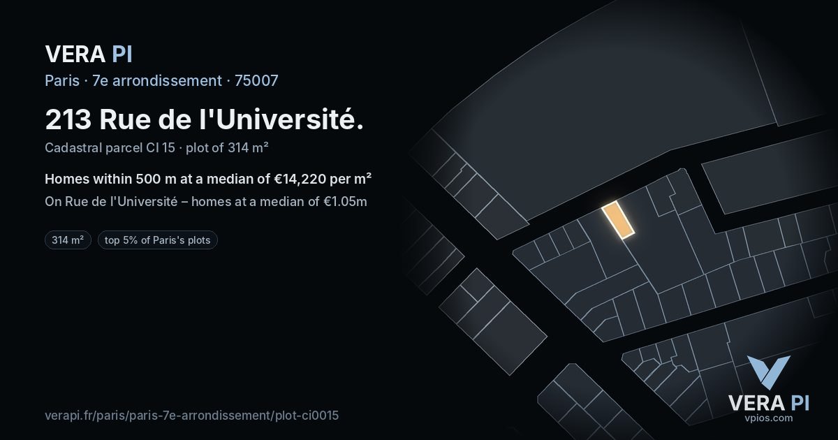213 Rue de l'Université, 7e arrondissement at night – the plot lit, the parcels around coloured by the prices near them