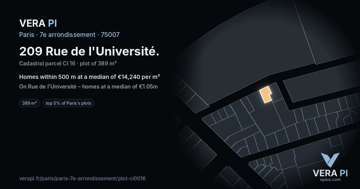 209 Rue de l'Université, 7e arrondissement at night – the plot lit, the parcels around coloured by the prices near them