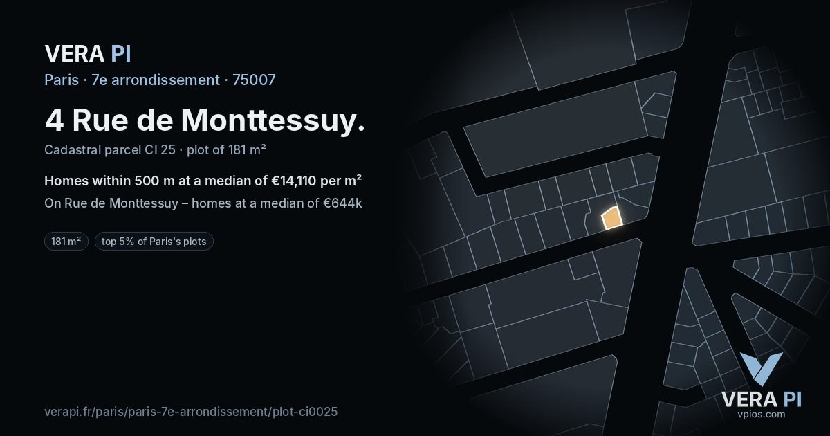 4 Rue de Monttessuy, 7e arrondissement at night – the plot lit, the parcels around coloured by the prices near them