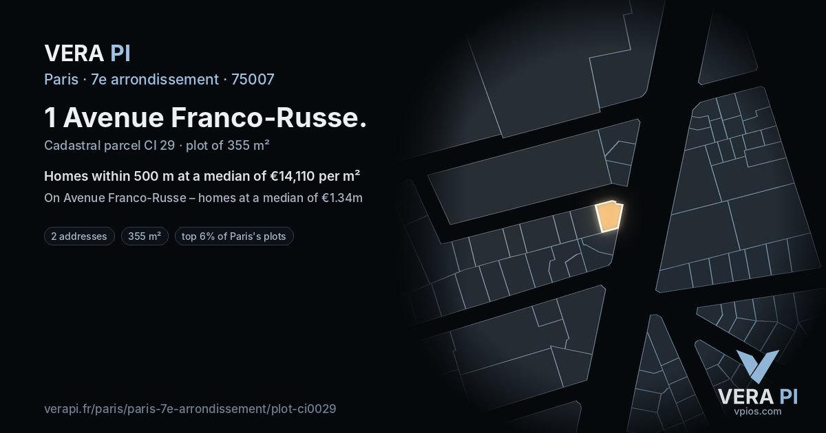 1 Avenue Franco-Russe, 7e arrondissement at night – the plot lit, the parcels around coloured by the prices near them
