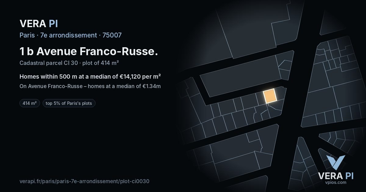1 b Avenue Franco-Russe, 7e arrondissement at night – the plot lit, the parcels around coloured by the prices near them