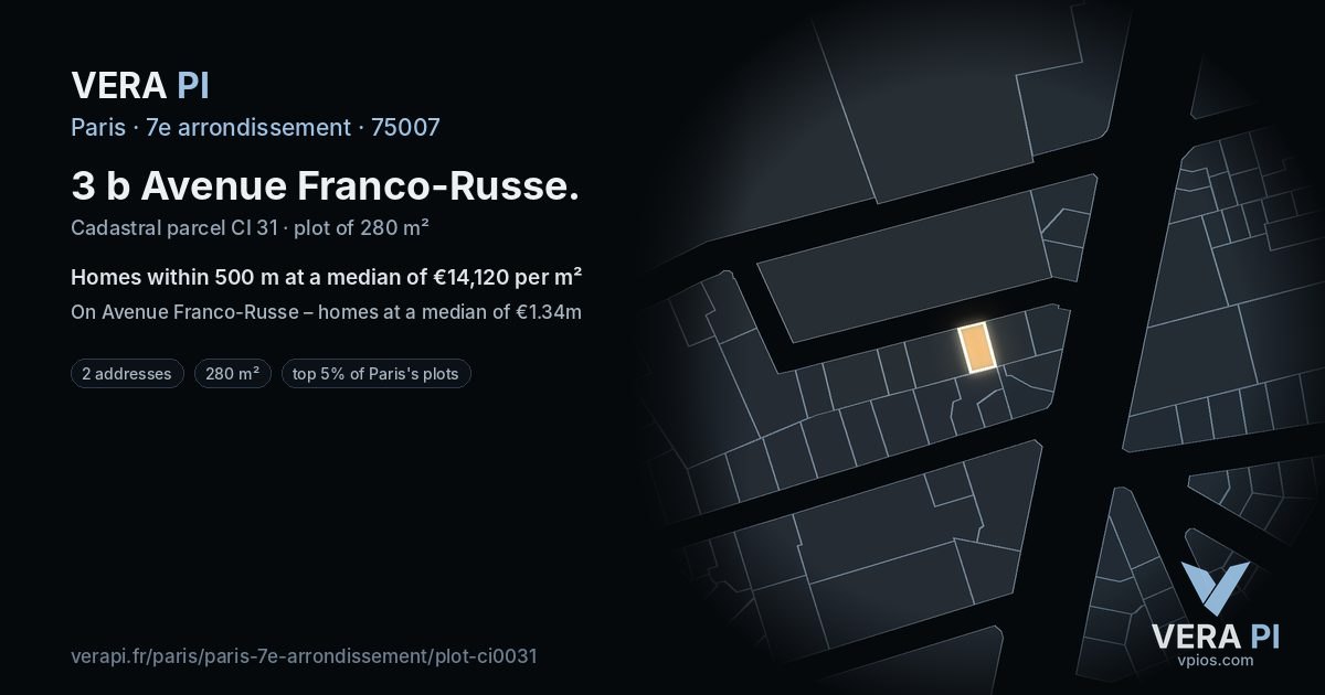 3 b Avenue Franco-Russe, 7e arrondissement at night – the plot lit, the parcels around coloured by the prices near them