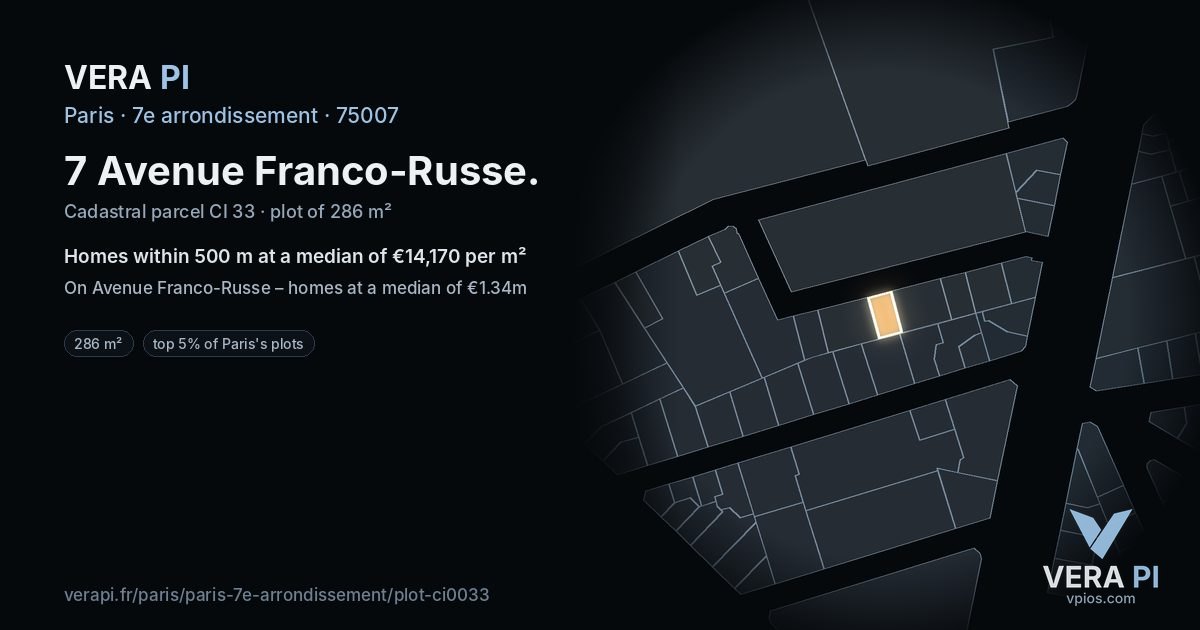 7 Avenue Franco-Russe, 7e arrondissement at night – the plot lit, the parcels around coloured by the prices near them