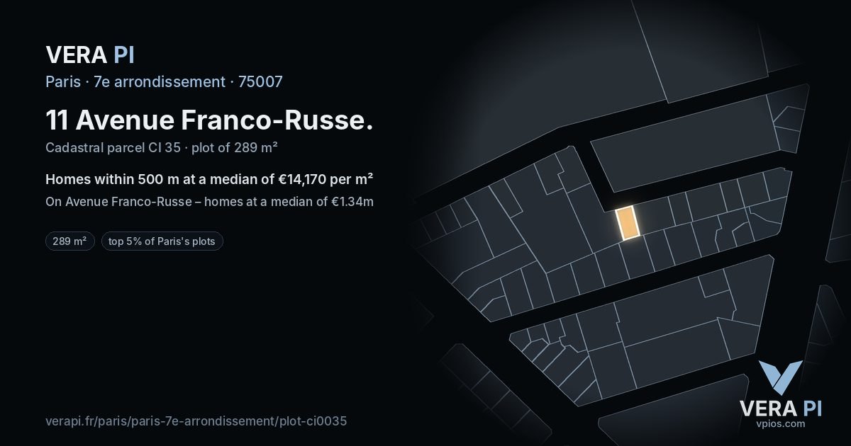 11 Avenue Franco-Russe, 7e arrondissement at night – the plot lit, the parcels around coloured by the prices near them