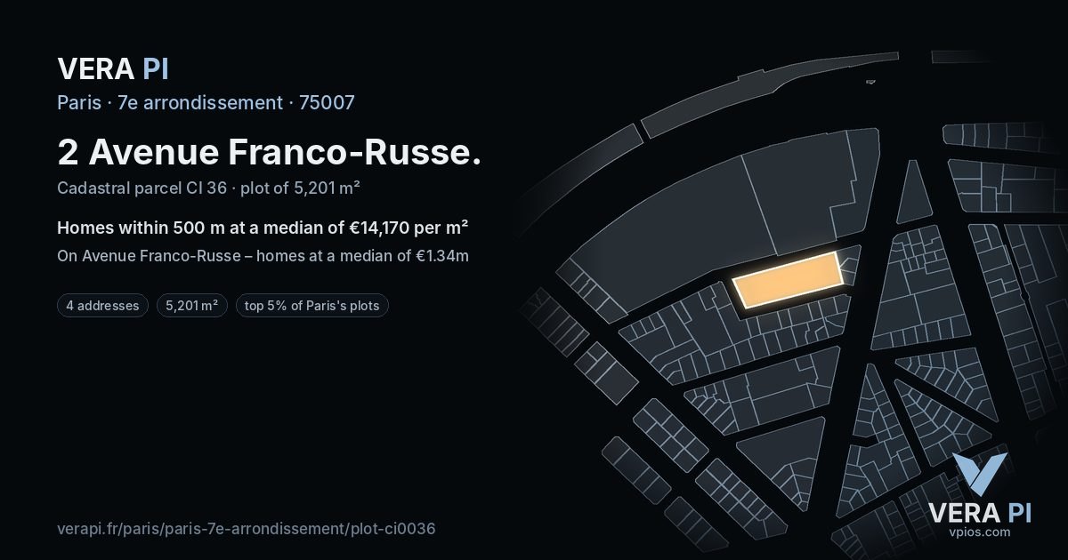 2 Avenue Franco-Russe, 7e arrondissement at night – the plot lit, the parcels around coloured by the prices near them