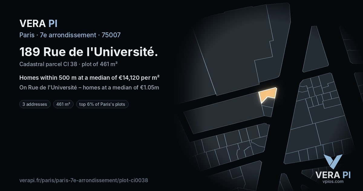 189 Rue de l'Université, 7e arrondissement at night – the plot lit, the parcels around coloured by the prices near them