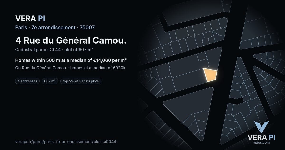 4 Rue du Général Camou, 7e arrondissement at night – the plot lit, the parcels around coloured by the prices near them