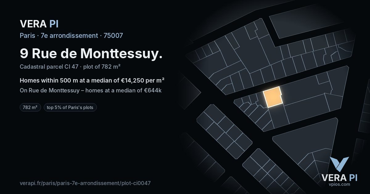 9 Rue de Monttessuy, 7e arrondissement at night – the plot lit, the parcels around coloured by the prices near them