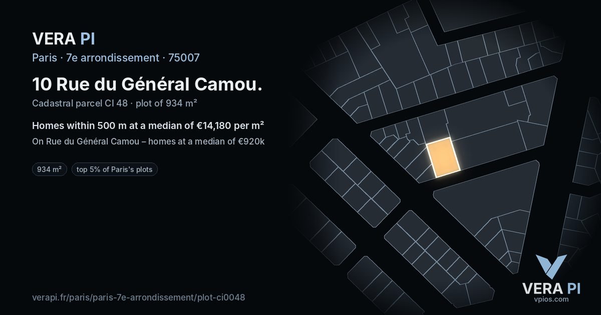 10 Rue du Général Camou, 7e arrondissement at night – the plot lit, the parcels around coloured by the prices near them