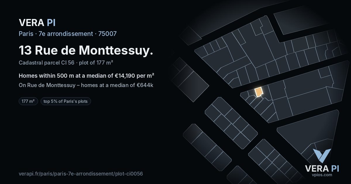 13 Rue de Monttessuy, 7e arrondissement at night – the plot lit, the parcels around coloured by the prices near them