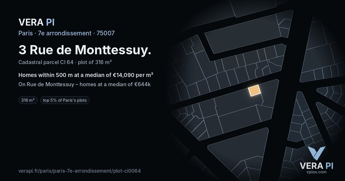 3 Rue de Monttessuy, 7e arrondissement at night – the plot lit, the parcels around coloured by the prices near them