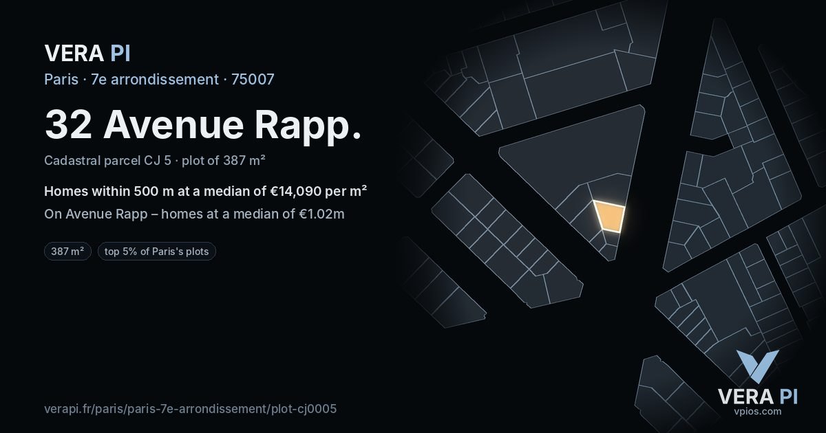 32 Avenue Rapp, 7e arrondissement at night – the plot lit, the parcels around coloured by the prices near them