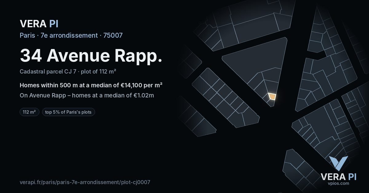 34 Avenue Rapp, 7e arrondissement at night – the plot lit, the parcels around coloured by the prices near them
