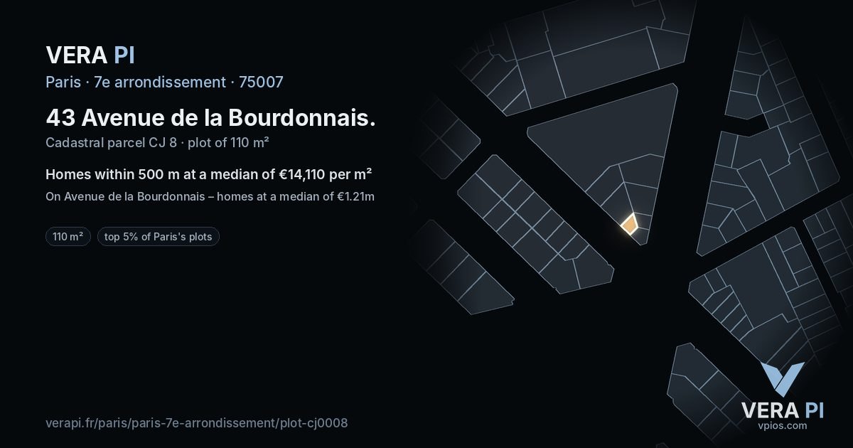 43 Avenue de la Bourdonnais, 7e arrondissement at night – the plot lit, the parcels around coloured by the prices near them