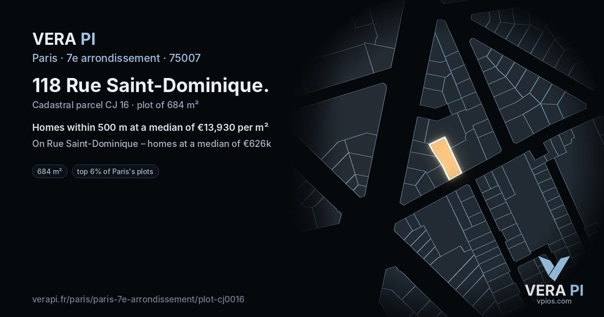 118 Rue Saint-Dominique, 7e arrondissement at night – the plot lit, the parcels around coloured by the prices near them
