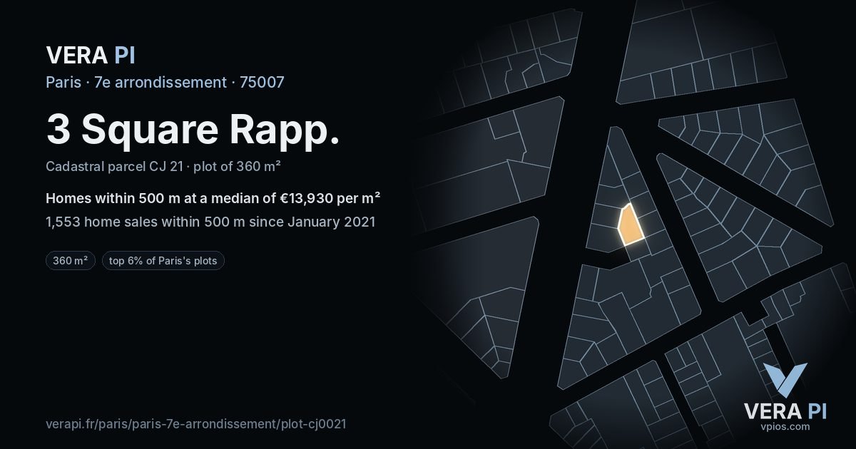 3 Square Rapp, 7e arrondissement at night – the plot lit, the parcels around coloured by the prices near them