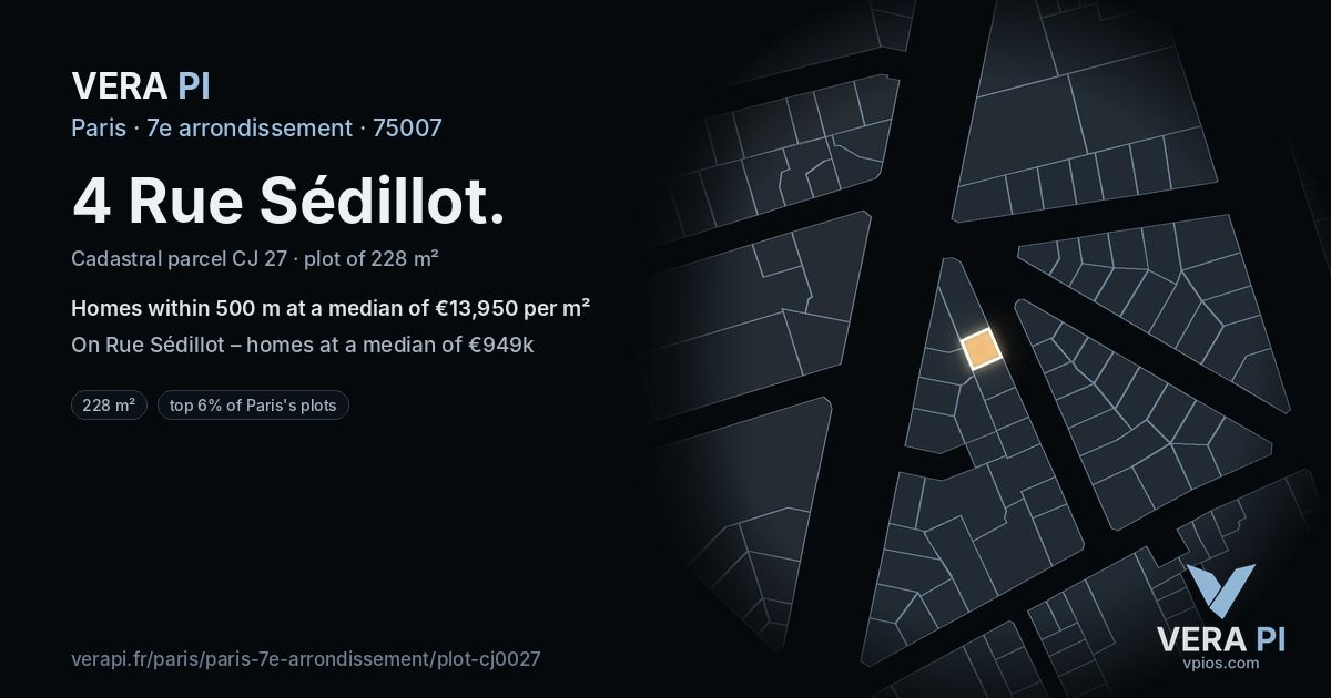 4 Rue Sédillot, 7e arrondissement at night – the plot lit, the parcels around coloured by the prices near them