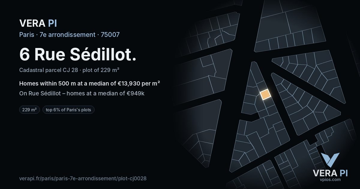 6 Rue Sédillot, 7e arrondissement at night – the plot lit, the parcels around coloured by the prices near them