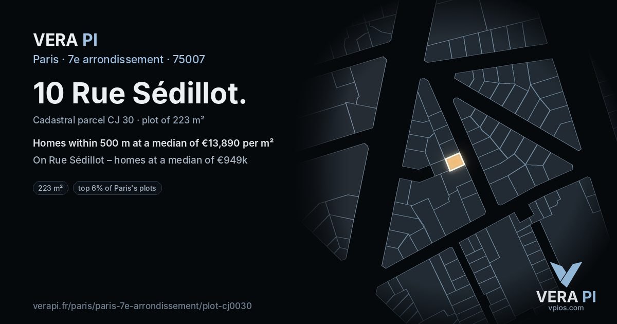 10 Rue Sédillot, 7e arrondissement at night – the plot lit, the parcels around coloured by the prices near them