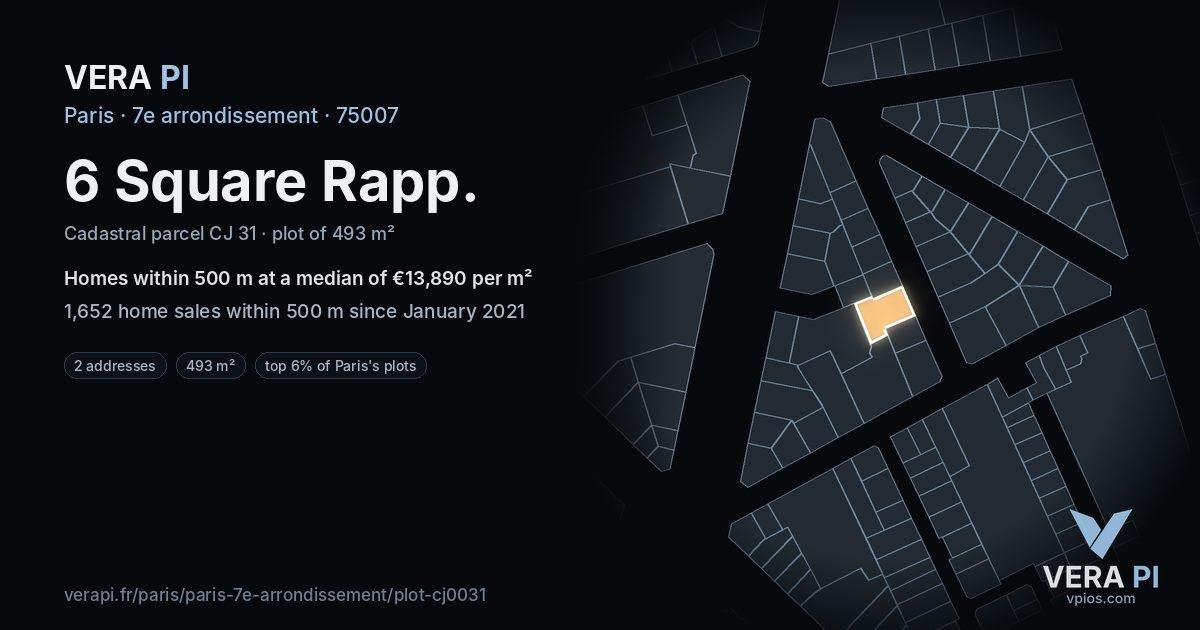 6 Square Rapp, 7e arrondissement at night – the plot lit, the parcels around coloured by the prices near them