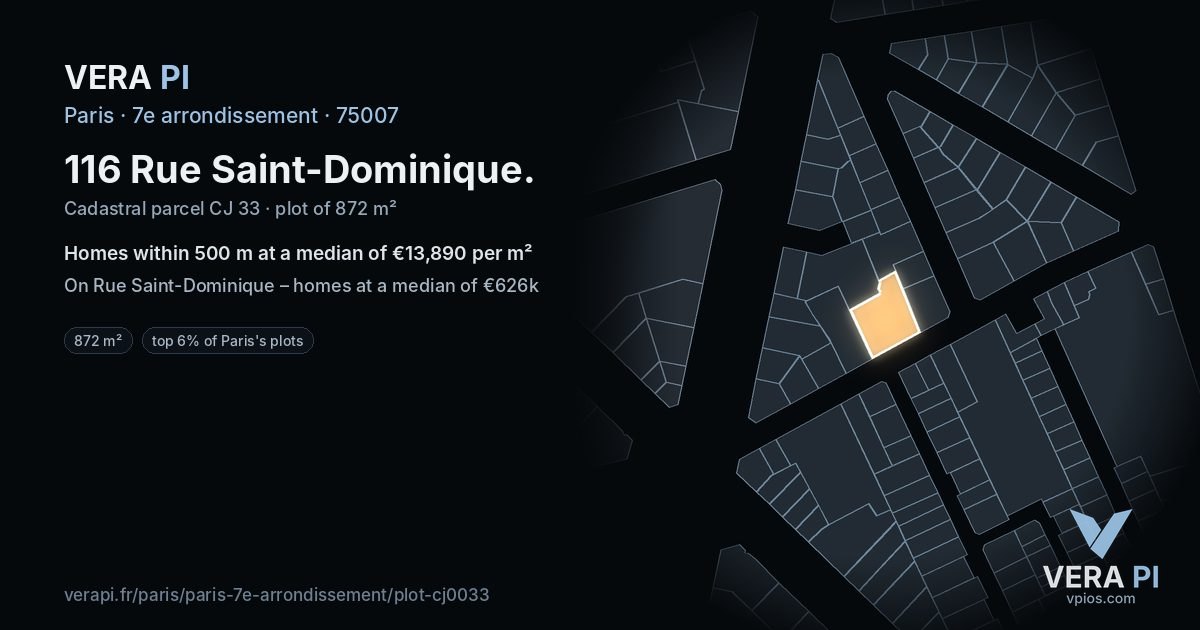116 Rue Saint-Dominique, 7e arrondissement at night – the plot lit, the parcels around coloured by the prices near them