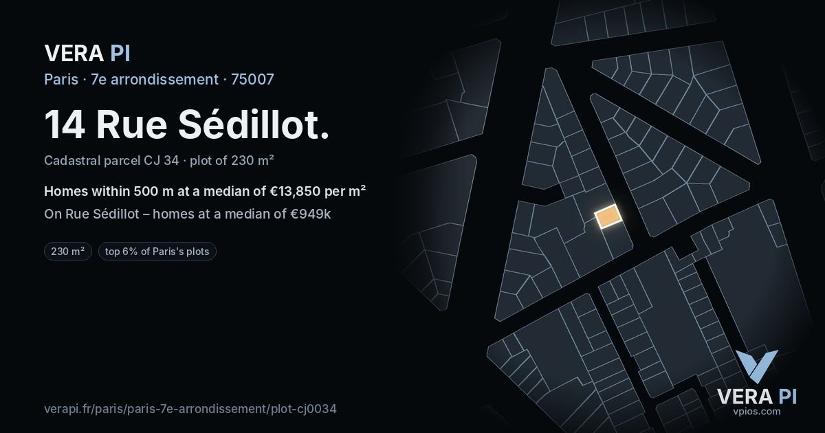 14 Rue Sédillot, 7e arrondissement at night – the plot lit, the parcels around coloured by the prices near them