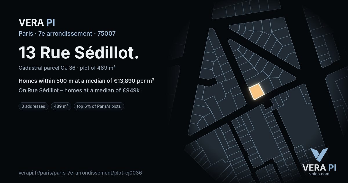 13 Rue Sédillot, 7e arrondissement at night – the plot lit, the parcels around coloured by the prices near them