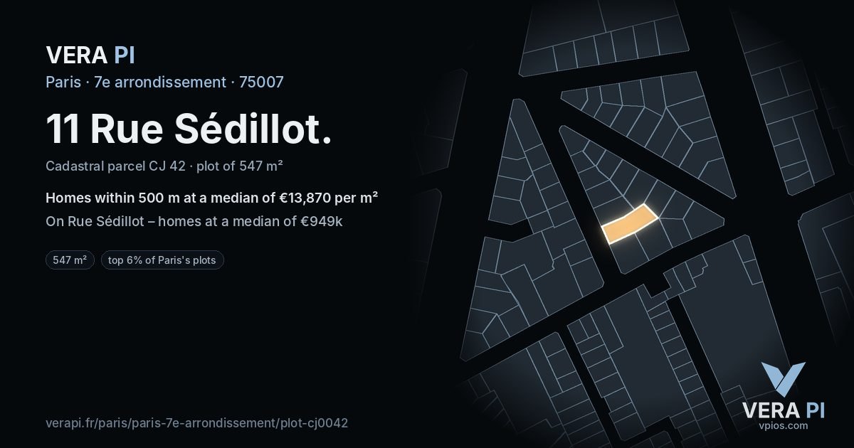 11 Rue Sédillot, 7e arrondissement at night – the plot lit, the parcels around coloured by the prices near them