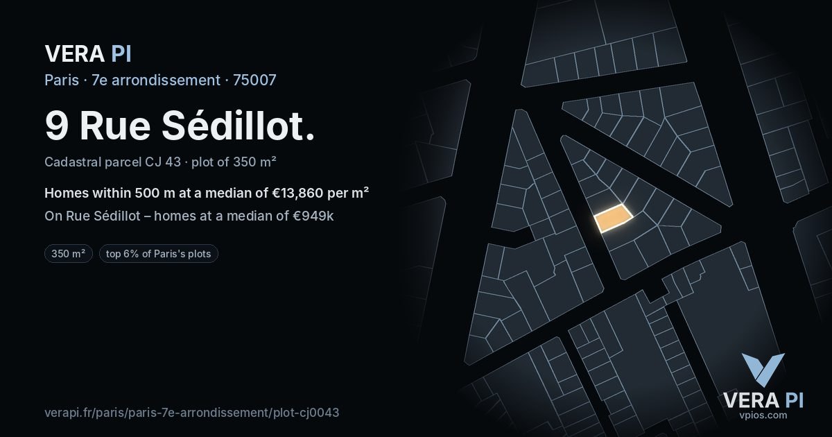 9 Rue Sédillot, 7e arrondissement at night – the plot lit, the parcels around coloured by the prices near them