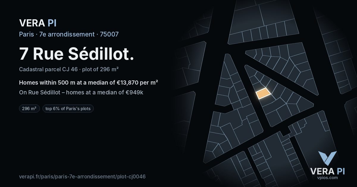 7 Rue Sédillot, 7e arrondissement at night – the plot lit, the parcels around coloured by the prices near them