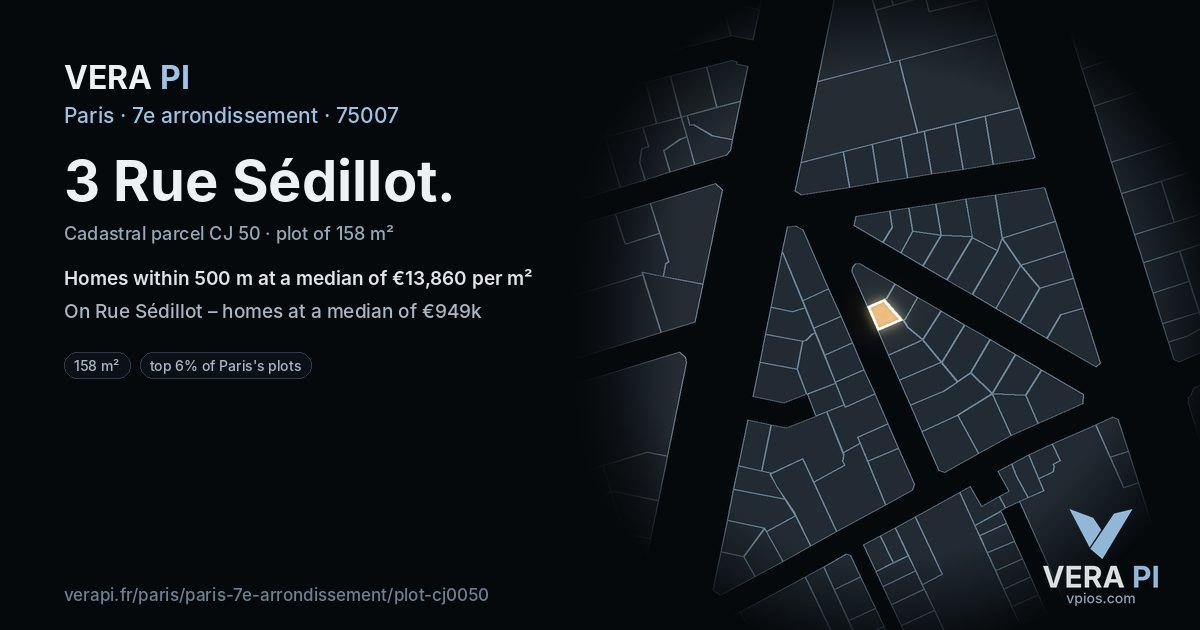 3 Rue Sédillot, 7e arrondissement at night – the plot lit, the parcels around coloured by the prices near them