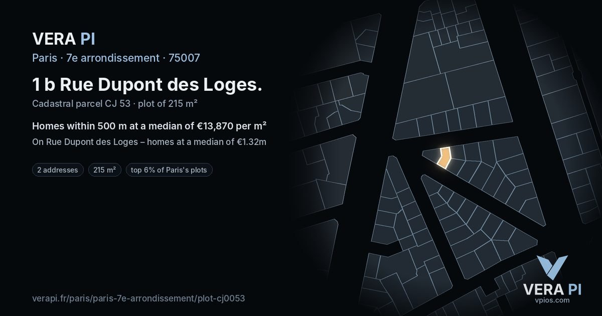 1 b Rue Dupont des Loges, 7e arrondissement at night – the plot lit, the parcels around coloured by the prices near them