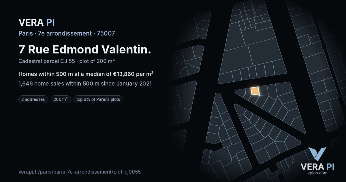 7 Rue Edmond Valentin, 7e arrondissement at night – the plot lit, the parcels around coloured by the prices near them