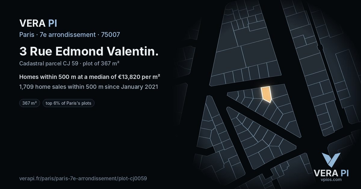 3 Rue Edmond Valentin, 7e arrondissement at night – the plot lit, the parcels around coloured by the prices near them