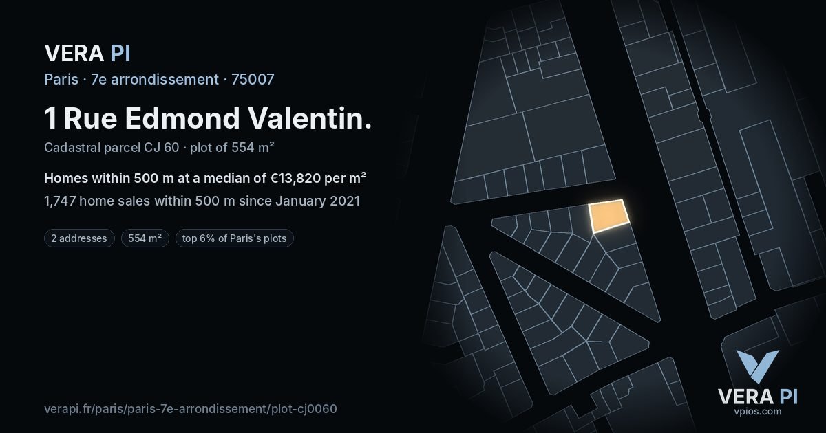 1 Rue Edmond Valentin, 7e arrondissement at night – the plot lit, the parcels around coloured by the prices near them
