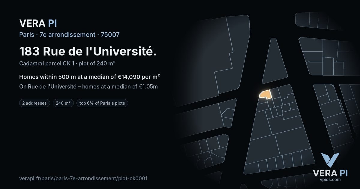 183 Rue de l'Université, 7e arrondissement at night – the plot lit, the parcels around coloured by the prices near them