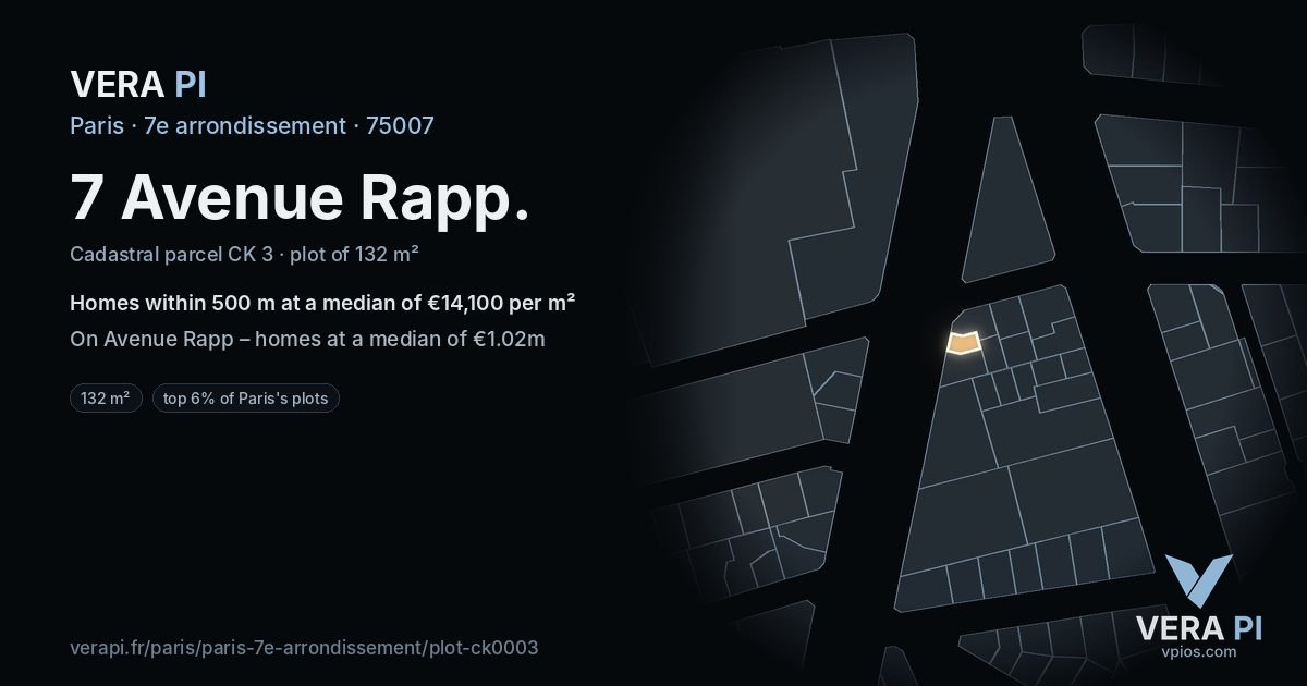 7 Avenue Rapp, 7e arrondissement at night – the plot lit, the parcels around coloured by the prices near them