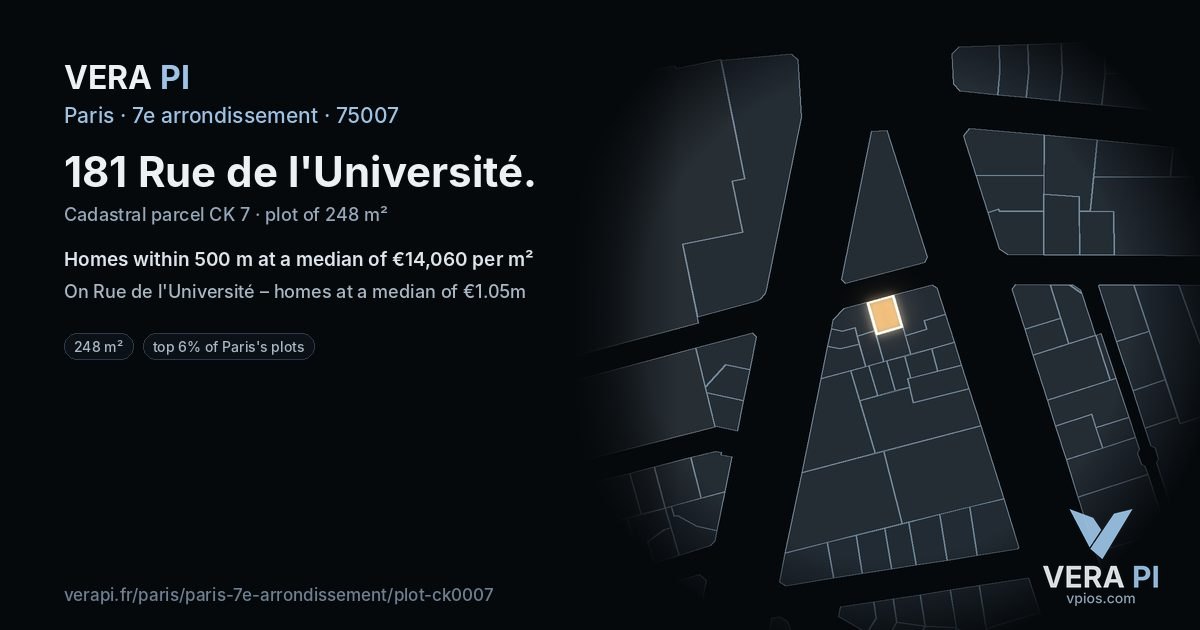 181 Rue de l'Université, 7e arrondissement at night – the plot lit, the parcels around coloured by the prices near them