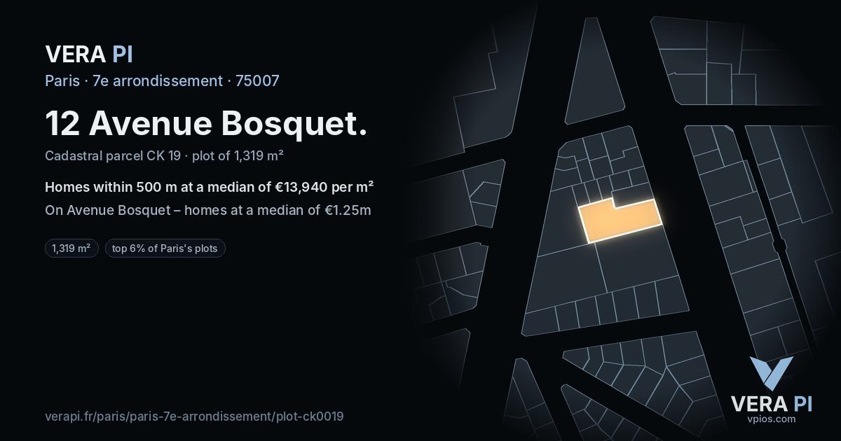 12 Avenue Bosquet, 7e arrondissement at night – the plot lit, the parcels around coloured by the prices near them