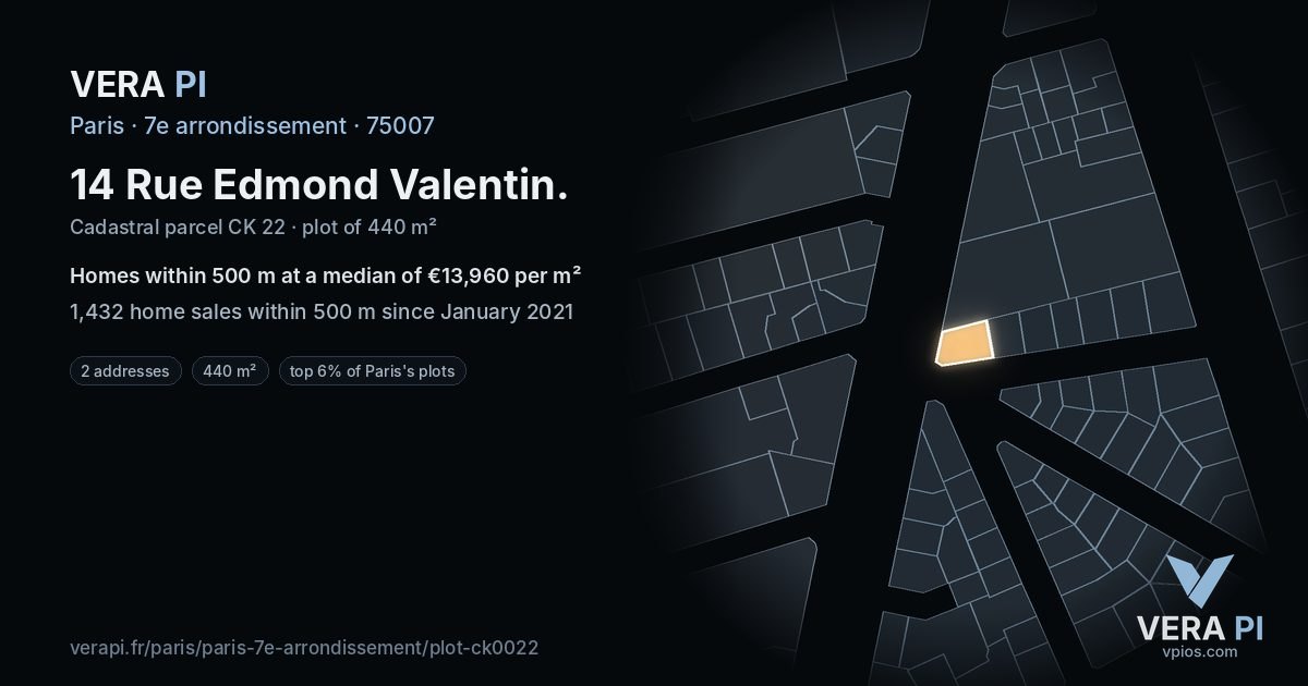 14 Rue Edmond Valentin, 7e arrondissement at night – the plot lit, the parcels around coloured by the prices near them